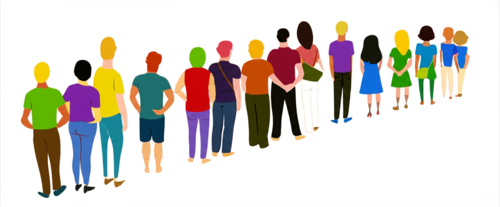 Illustration of people in a queue with service counters
